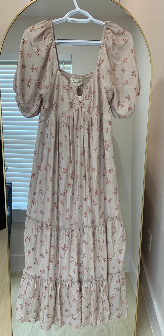 Boho Flowy Maxi Dress Puff Sleeves Smocked Back Size Small by Saltwater Luxe